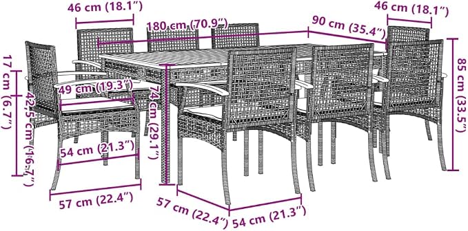 9 Piece Patio Dining Set with Cushions Gray Poly Rattan Outdoor Dining Table for 8, Acacia Wood Top, UV-Proof Steel Frame for Garden Backyard Relaxation