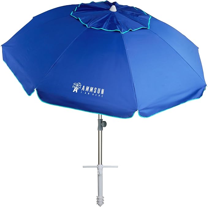 AMMSUN Beach Umbrella with Sand Anchor, 6.5 ft Heavy Duty Portable UV 50+ Protection for Sand, Beach, Patio, Garden and Outdoor with Carry Bag (Solid Blue)