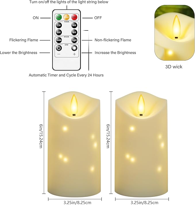 kakoya Outdoor Waterproof Flickering Flameless Candles with Embedded Star String,2Pcs LED Pillar Candles Battery Operated with Remote and Timers for Courtyard,Porch,Camping,Holiday Decoration(Ivory)