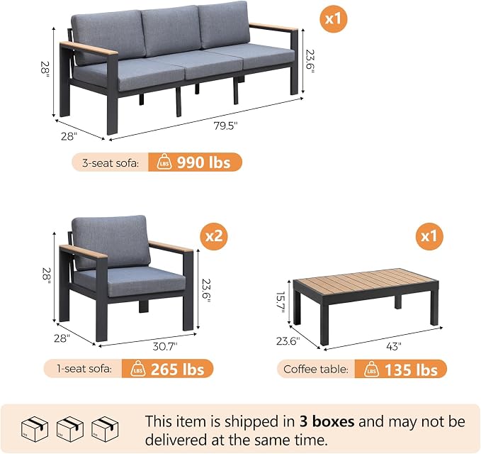 4-Piece Aluminum Patio Furniture Set, Outdoor Patio Conversation Set with 2 Chairs+3-Seat Sofa+Coffee Table, 1.5mm Thick Weather Resistant Frame, Removable Waterproof Cushions for Balcony Backyard