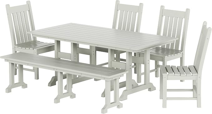 WestinTrends Malibu 6 Piece Outdoor Dining Set with Bench, All Weather Poly Lumber Patio Table and Chairs Set, 71" Trestle Dining Table with Umbrella Hole, 5 Patio Chairs with Bench, Sand
