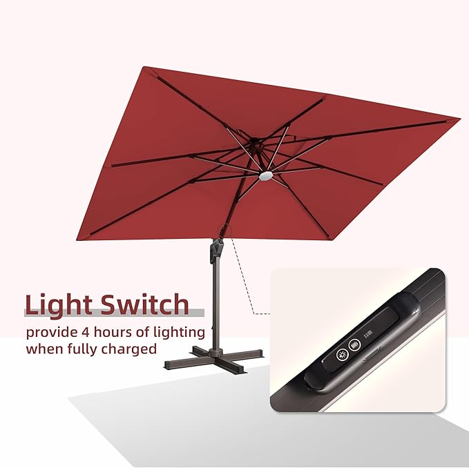 9 X 12 FT Cantilever Outdoor Patio Umbrella with LED Lights Large Heavy Duty 360° Rotation Double Top Offset Rectangular Umbrellas for Backyard Garden Pool Outside Deck, Red