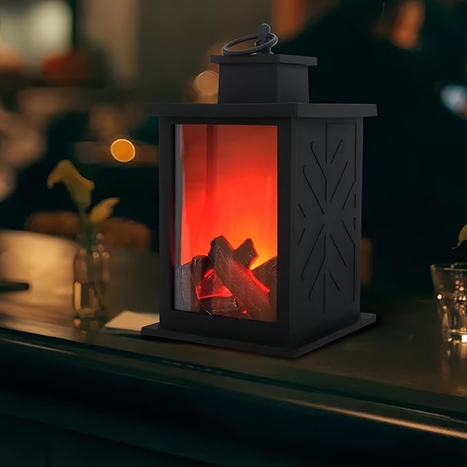 Simulated LED Fireplace Lantern Battery Powered Flameless Light with Simulation Flame Table Decorative Lamp Mini Fireplace Ornament for Cozy Home Decor Free Standing Electric Log Burner