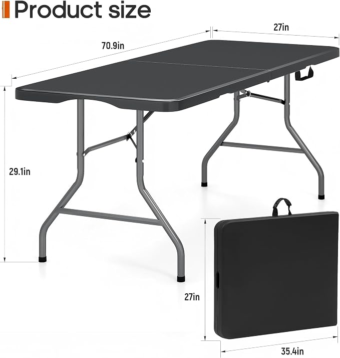 Fenbeli 6FT Folding Table, 350 LBS Heavy Duty Foldable Table with 18% Thicker HDPE Waterproof Top, Fold in Half Portable Table with Handle, Steel Frame for Indoor Outdoor Party Events
