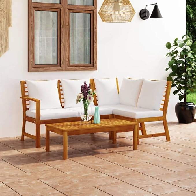 Backyard Furniture Patio Conversation Sets Outdoor Seating 4 Piece Patio Lounge Set with Cushion Cream Solid Acacia Wood Suitable for Swimming Pool, Courtyard, Garden