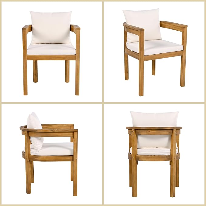 Merax 7 Piece Outdoor Patio Dining Set, Acacia Wood Patio Table and Chairs Set, 6 Outside Armchair with Beige Cushion and 1 Rectangle Table, Patio Dining Furniture for Backyard Poolside Porch, Teak