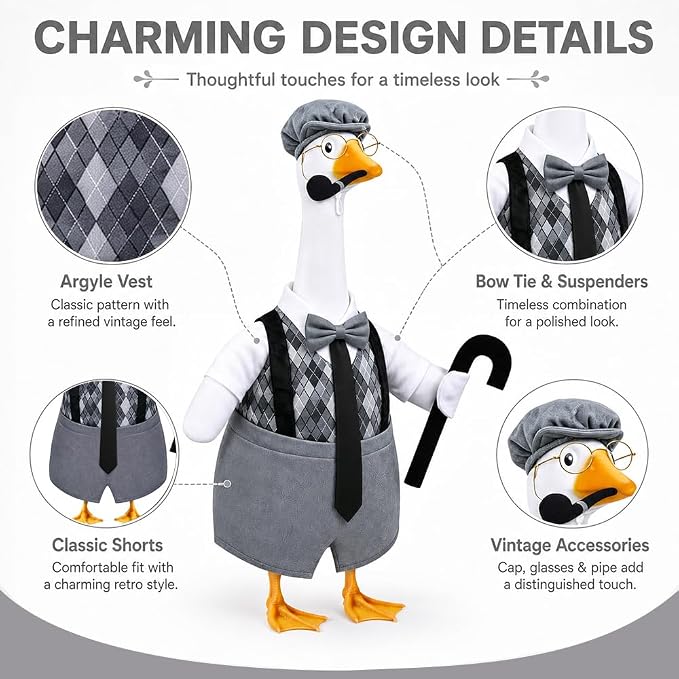 Celltestria Old Man Goose Outfits Grandpa Goose Costume Black Gray Plaid Geese Clothes with Walking Stick Pipe for 23'' Geese Holiday Outdoor Lawn Patio Yard Garden Decor