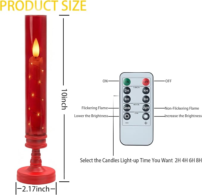 6 PCS Flameless Candles with Timer, Flickering Flameless LED Pillar Candles for Romantic Ambiance with Embedded Star String, Acrylic Battery Perated Fake Candles for Home Decoration (Red)