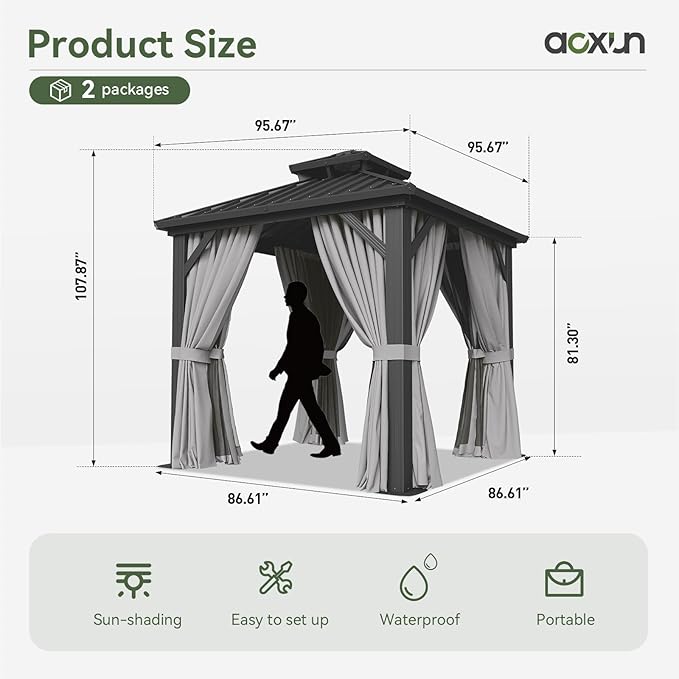 Aoxun 8x8 Hardtop Gazebo, Aluminum Frame Outdoor Gazebo with Double Galvanized Steel Roof, Patio Pavilion with Netting and Curtains, Backyard Gazebo for Patio Deck Garden