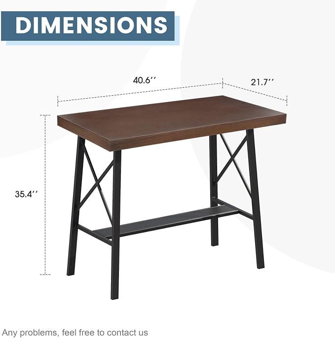 DIFY 40.5” Outdoor Bar Table, Patio Bar Height Pub Table, Long Narrow Bar Table with Sturdy Metal Frame for Bistro, Balcony and Garden, Walnut