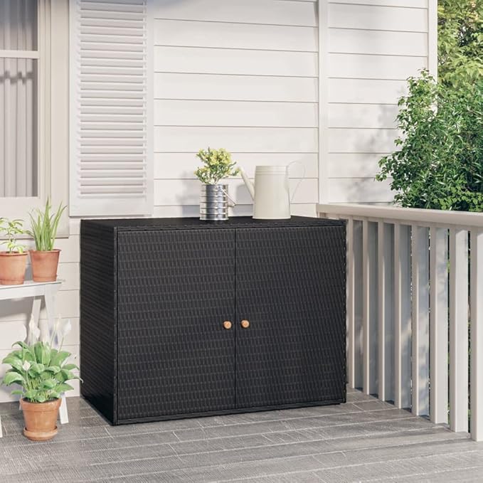 REWIS Garden Storage Cabinet Outside Deck Storage Box Outdoor Patio Storage Backyard Storage Box Furniture Storage Box Black 39.4"x21.9"x31.5" Poly Rattan