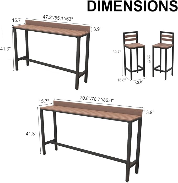 Outdoor Patio Bar Height Table with Baffle, Weather Resistant High Counter Table Porch Pub Tables Wood-Plastic Tabletop, for Poolside Garden Balcony Restaurant Cafe(Black,47.2"x15.7"x40.5")