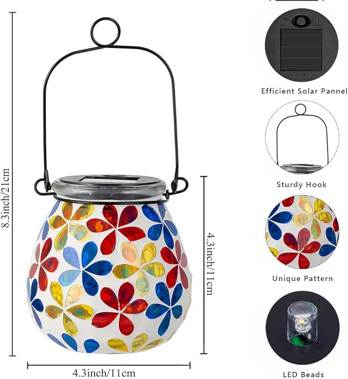 Stargarden 4Pack Mosaic Solar Lanterns, Glass Hanging Lantern Waterproof Outdoor Haning Lights Flower Decorative Table Lamp for Garden ,Patio,Yard Decor
