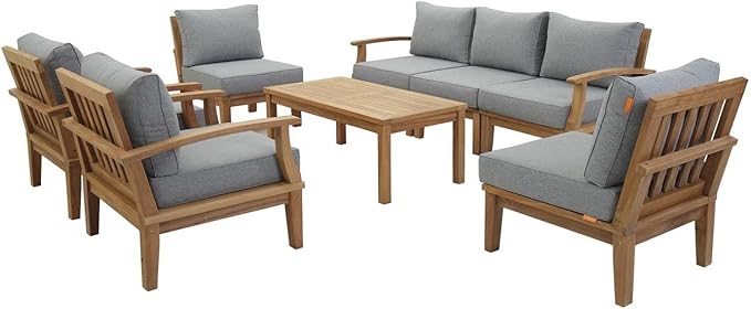Modway EEI-1479-NAT-GRY-SET Marina Premium Grade A Teak Wood 8-Piece Outdoor Patio Furniture Set, Natural Gray