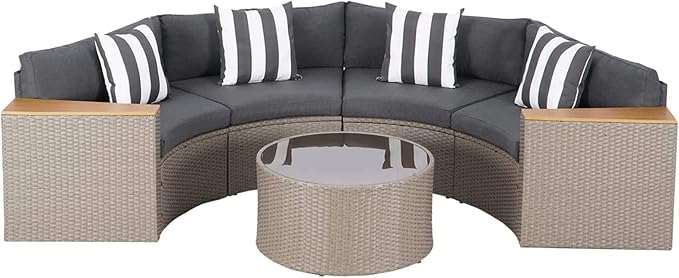 Incbruce Outdoor Half Moon Patio Furniture 5-Piece Curved Outdoor Sofa, All-Weather Outdoor Sectional Furniture Patio Conversation Sets with Round Tempered Glass Top Table (Grey Cushions)