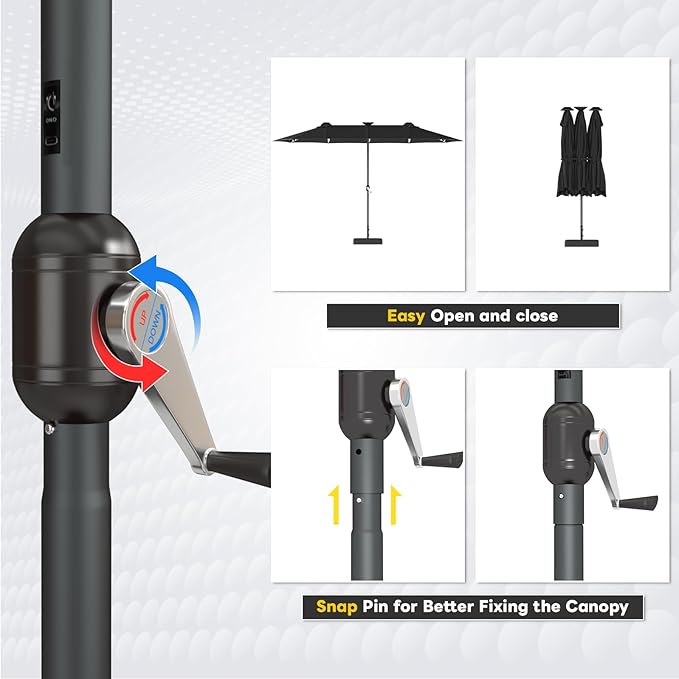 AECOJOY 15ft Patio Umbrella with Solar Lights, Double-Sided Outdoor Market Umbrella with Base Included, Large Pool Umbrella with 156 LED Lights, Crank Lift for Market Deck Backyard, Black(1.9" Pole)