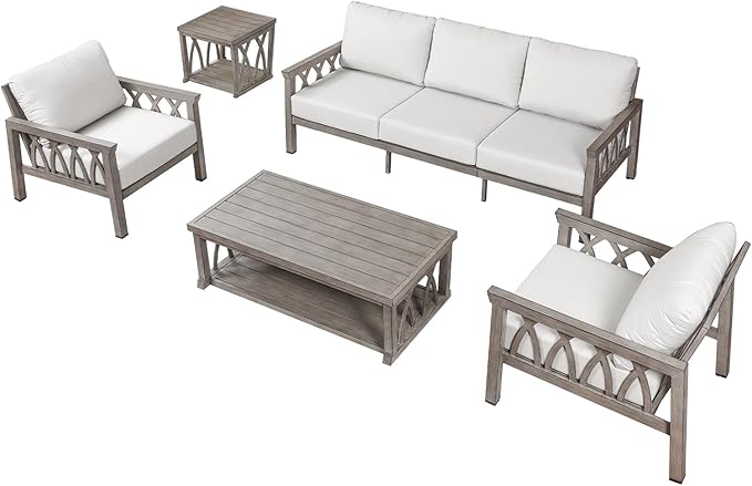 5-Piece Patio Furniture Set, Aluminum Outdoor Sectional Couch Set, Patio Conversation Set with Thick Cushions, Weather-Resistant Outdoor Furniture Set for Porch, Deck, Pool, Limed Oak