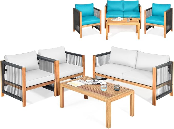 Tangkula Outdoor Wood Furniture Set with 2 Set Cushion Covers, 4 Pieces Cushioned Patio Conversation Set, for Garden Balcony Poolside Outdoor Living (1, WH-TU)