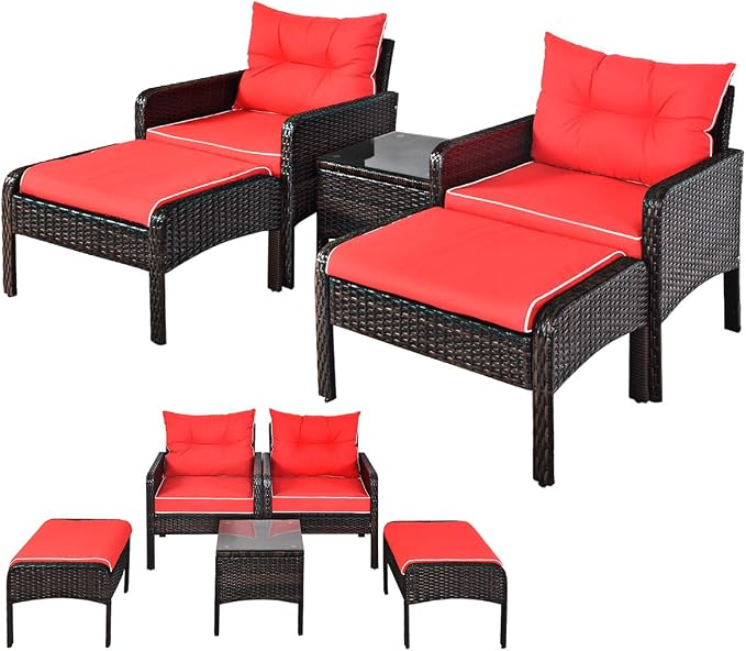 DORTALA 5 Pieces Patio Furniture Set, Outdoor Rattan Conversation Set with Cushions, Glass Table, Ottomans & Chairs, Wicker Sofa Set Backyard Porch Garden Balcony, Red
