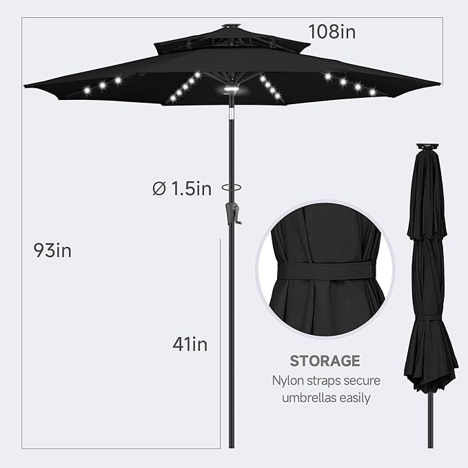 FLAME&SHADE 2 Tiers 9ft Solar Light Patio Umbrella, 40 LED Lights Outdoor Umbrella with Centre Surround Light, Table Market Umbrella for Deck, Pool, Porch, Backyard, Garden (Black)
