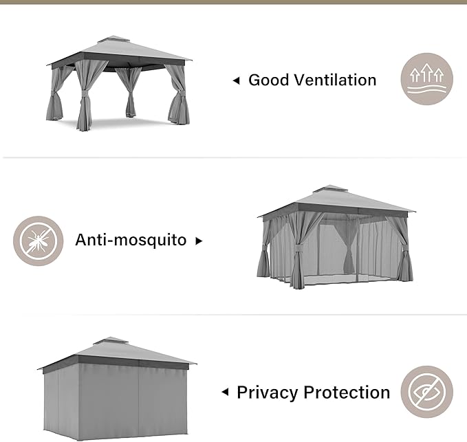 LAUSAINT HOME Patio Gazebo 12'x12', Outdoor Heavy Duty Party Tent Shelter with Double Roofs, Mosquito Nettings and Privacy Screens for Backyard, Garden, Lawn, Gray