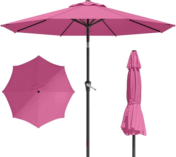 10FT Patio Umbrella, Outdoor Umbrella with Push Button Tilt and Crank, 8 Sturdy Ribs, UV Protection & Waterproof Market Umbrella for Pool, Backyard, Beach,Deck (Rose Pink)