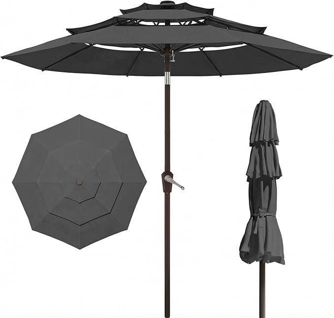 PatioKingdom 9ft 3-Tier Patio Market Umbrella with Crank/Tilt, Commercial Heavy Duty Wind Proof,Outdoor Table Umbrella with 8 Fiberglass Ribs,UPF50+ for Deck,Pool,Garden,Backyard (Gray)