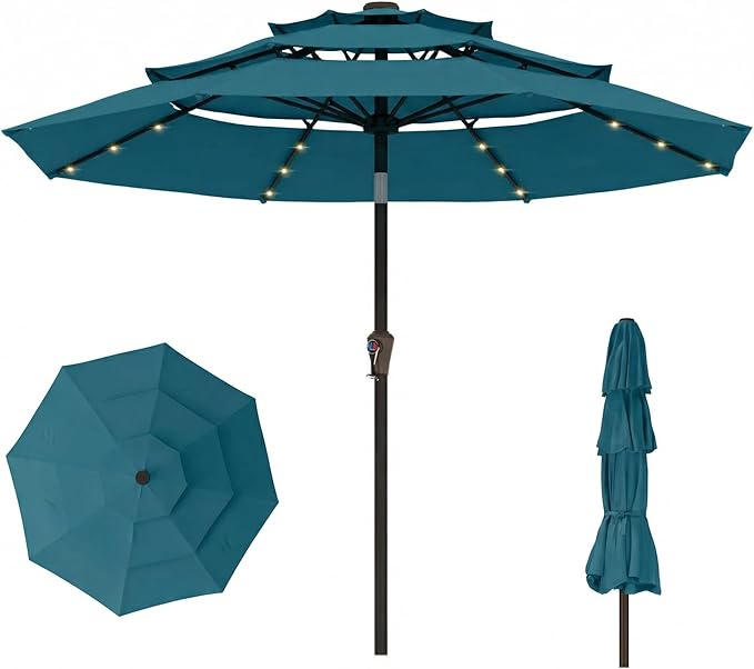 10ft 3-Tier Patio Umbrella with 32 Solar Powered LED Lights, Windproof Outdoor Market Umbrella for Deck, Poolside & Garden, Sturdy Push-Button Tilt Table Umbrella, Lake Blue