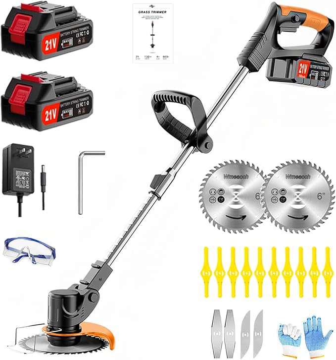 21V Cordless String Trimmer & Edger, 6" Cut, 2 Batteries, 3-Blade System (Plastic/Metal/Saw), Telescopic Pole, 180° Rotating Head – Lightweight Weed Wacker for Lawn, Garden & Yard