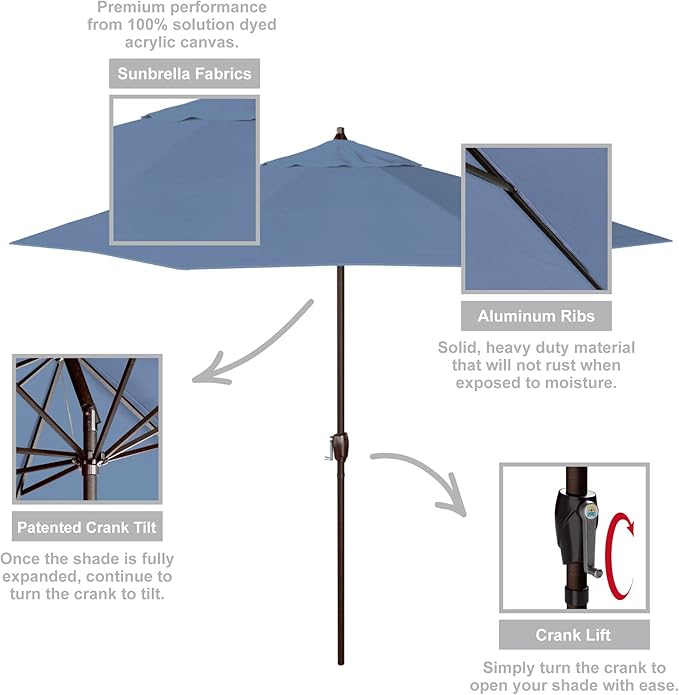 California Umbrella 12-Year Protection 9-Ft Outdoor Patio Umbrella, Sunbrella Fade-Resistant Acrylic Fabric, Auto Tilt and Crank, Heavy-Duty Aluminum Frame/Reinforced Ribs, Bronze Pole, Air Blue