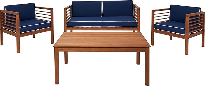 SAFAVIEH Outdoor Collection Alda Natural/Navy Cushion with White Piping 4-Piece Conversation Patio Set