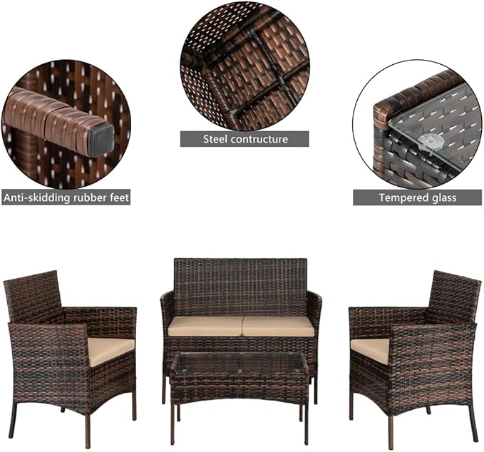 JHshop 4 Pieces Patio Conversation Set with Coffee Table, Rattan Sofa Set with Tempered Glass Coffee Table, Outdoor Furniture for Balcony Backyard Porch Garden, Sofa Chair with Coffee Table