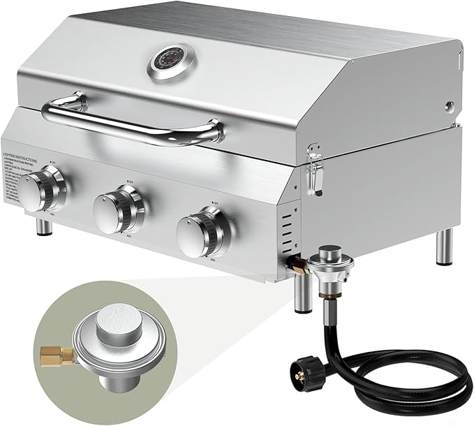 Bestfire 3-Burner Tabletop Propane Gas Grill with Dual Connections, 30,000 BTU Portable Propane Grill Fits Large Cylinders & Small Canisters, Stainless Steel Knobs, Compact Design for Camping, RV, BBQ