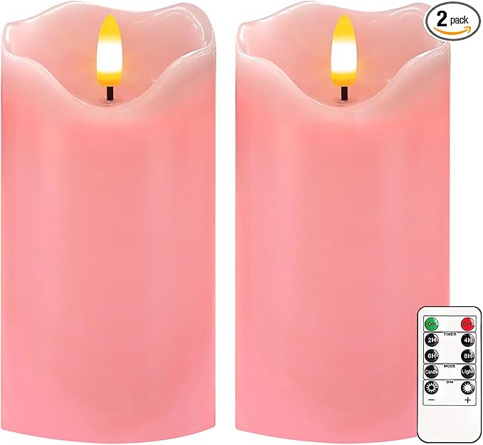 VEEKI Flameless Candles Light, Set of 2 6"x3" Flickering LED Candle with Remote & Timer, Dimmable Electric Pillar Candles Battery Operated, Pink Candles for Valentine's Day Xmas Home Decor (2PC)