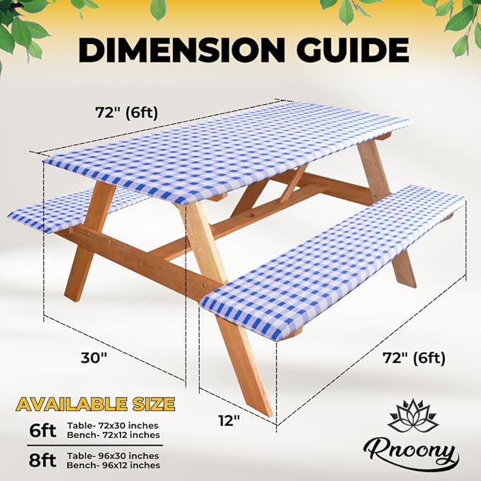RNOONY 6ft Polyester Picnic Table Cover with Bench Covers Windproof & Waterproof Tablecloth, Perfect for Camping Gifts & RV Essentials, Cool Camping Gadgets, with Carrying Bag, 72x30 Inches, 4Pcs,Blue