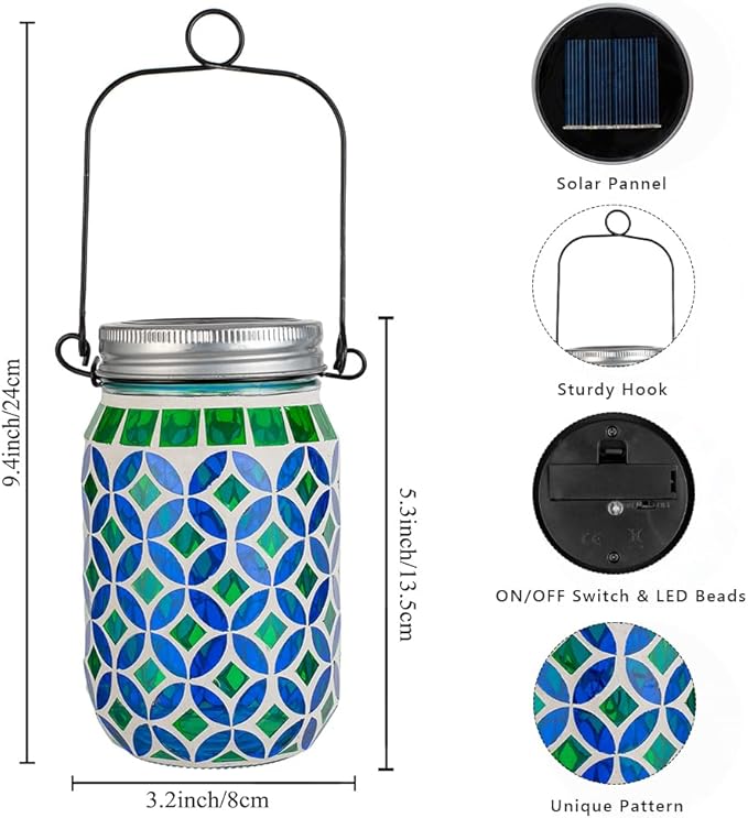 Stargarden Mosaic Solar Lantern , Outdoor Hanging Lantern Waterproof Table Lamp Mosaic Night Light for Tree, Garden, Patio, Yard, Outdoor(Blue Green)