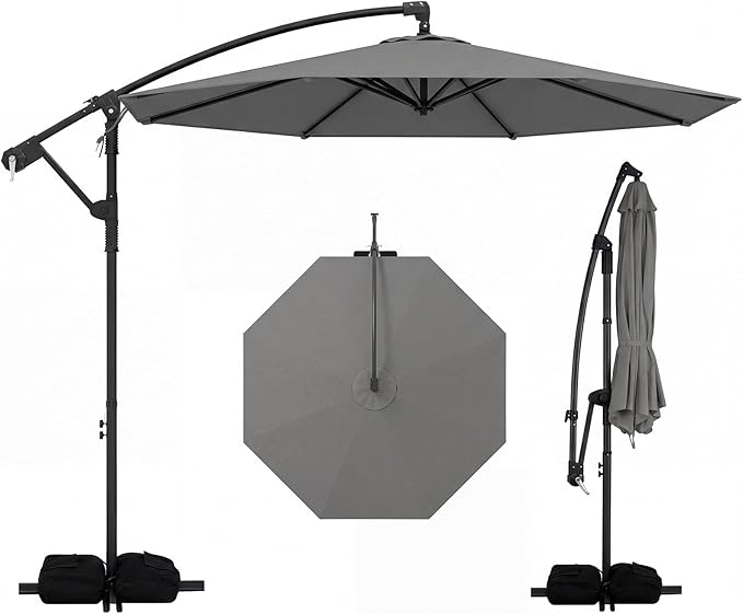 Tangkula 10ft Patio Umbrella with Base Included, Offset Cantilever Outdoor Umbrella with 360 Degree Rotation, 2 Sandbags, Crank Handle for Pool Deck Garden Backyard