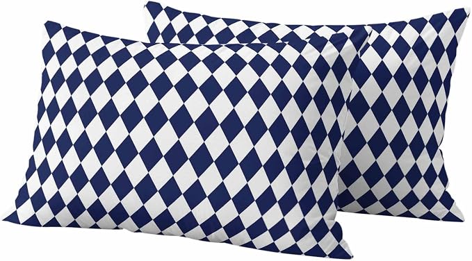 Modern Geometric Buffalo Plaid Outdoor Pillow Covers Set of 2,Decorative Waterproof Throw Pillow Case,Abstract Blue White Diamond Cotton Linen Soft Cozy Cushion Pillowcases