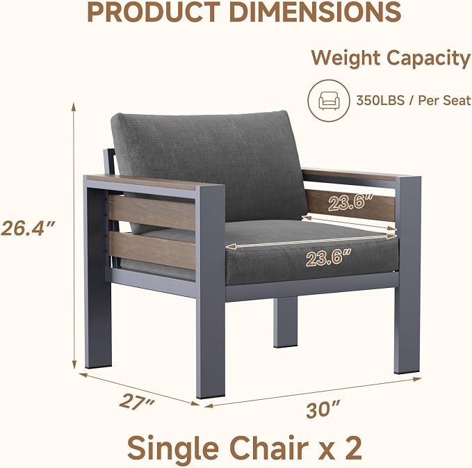 SUNYRISY Aluminum Outdoor Patio Furniture Armchair Set, 2 Piece All-Weather Outdoor Patio Sofa Seat with Thick Olefin Cushion for Porch, Deck, Backyard, Lawn, Pool