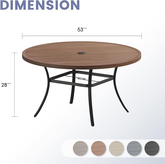VICLLAX 53" Round Patio Table, Outdoor Dining Table for 8 with Umbrella Hole for Garden Lawn Deck Backyard, Walnut