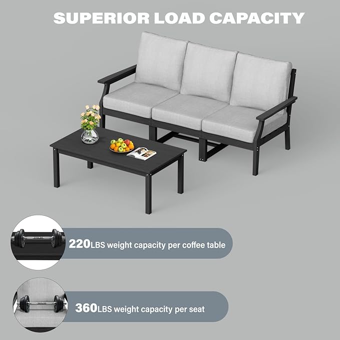 HDPE Patio Conversation Set, 4-Piece All Weather Outdoor Furniture Set with 3-Seater Modular Sofa for Deck, Lawn, with Cushion, Black