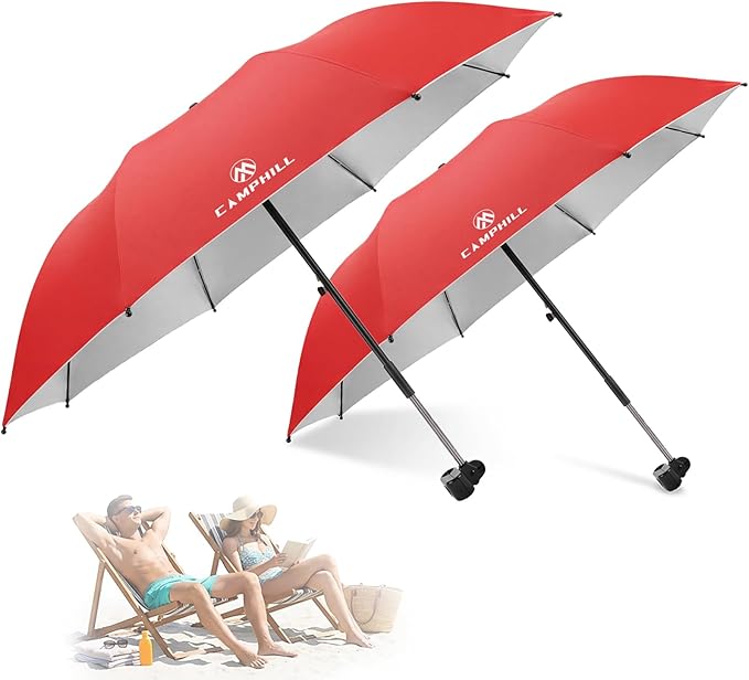 2 Pack Beach Umbrella with Clamp Sun Shade,Adjustable Umbrellas with Clip,UPF50+ Sunshade for Beach Chair,Stroller,Fishing,Camping,Patio,Wheelchair,Golf Carts,Red