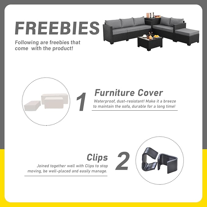 Valita Patio Furniture Set with Storage Box 5 Pieces Black Wicker Outdoor Couch Sectional with Glass Table and Non-Slip Cushions and Furniture Covers, Light Grey