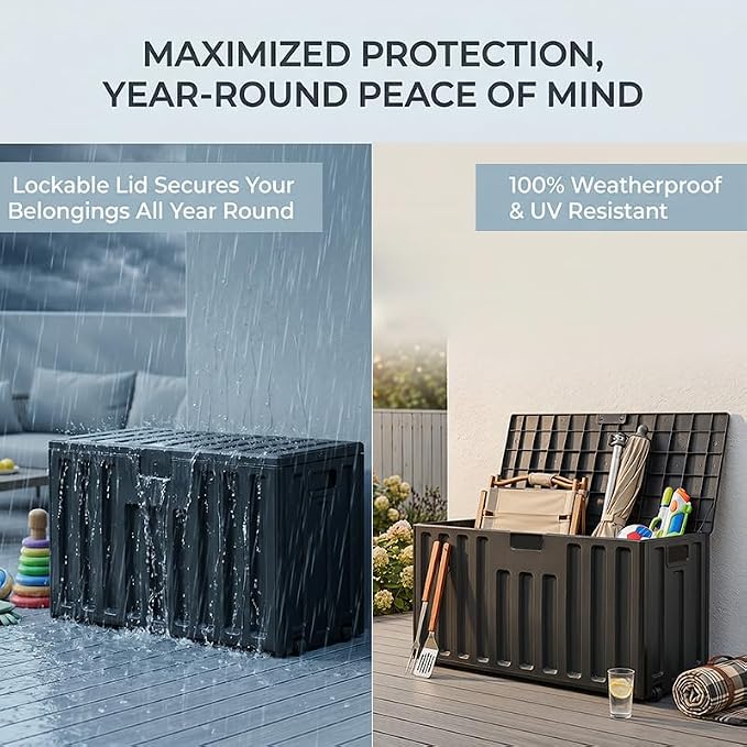 76 Gallon Outdoor Deck Box with Wheels & Lockable Lid - Waterproof UV Resistant Resin Storage Box, Patio Bench Container for Garden Tools, Pool Accessories, Backyard Porch & Patio Cushions (Black)
