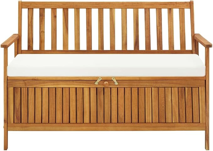 Patio Storage Bench with Cream White Cushion, Outdoor Wooden Deck Box, Solid Wood Patio Furniture for Outdoor Cushions, Pool Storage and Garden Tools, 47.2"x24.8"x33.1", -328