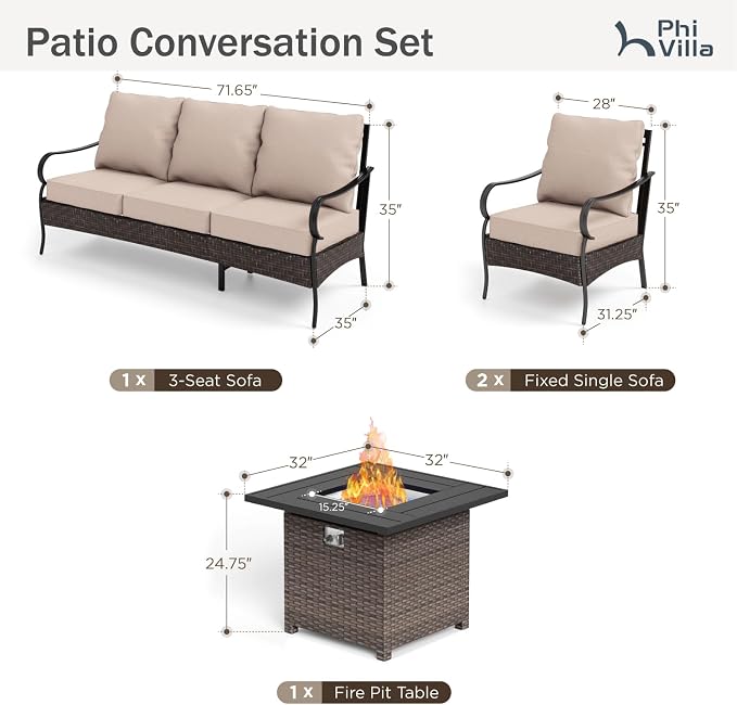 Outdoor Patio Furniture Set with 32" Fire Pit Table,4 Pieces Heavy-Duty Metal Patio Conversation Sets,Wicker Metal Modern Outdoor Outdoor Sofa Set for Patio, Balcony, Backyard, Deck, Poolside
