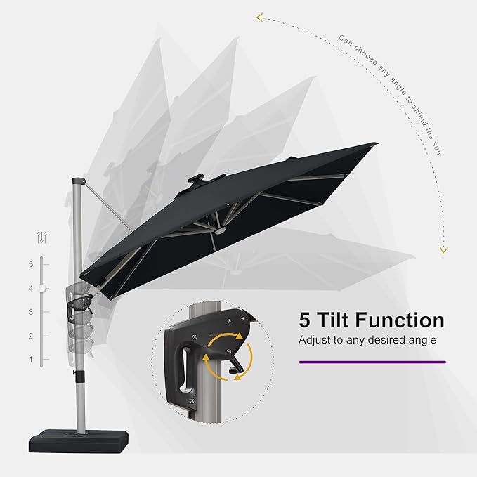 PURPLE LEAF Patio Umbrella with Base 9' X 12' Outdoor Rectangle Cantilever Umbrella Solar Powered LED with 360-degree Rotation for Garden Deck Pool Patio, Black