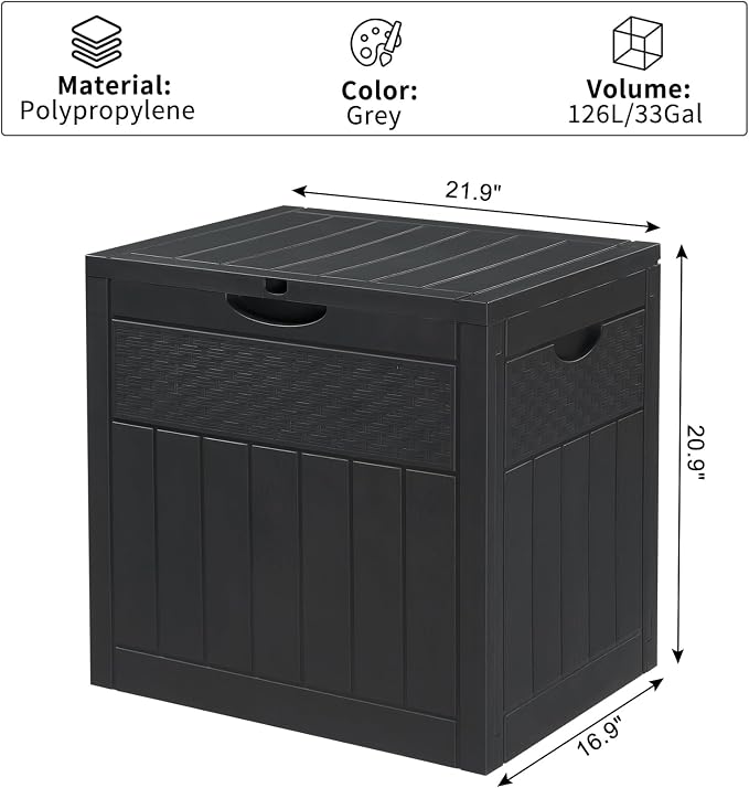 32 Gallon Square Outdoor Deck Box Wood & Rattan Plastic Garden Storage Box Store Items on Patio,Garage,Yard,Gray