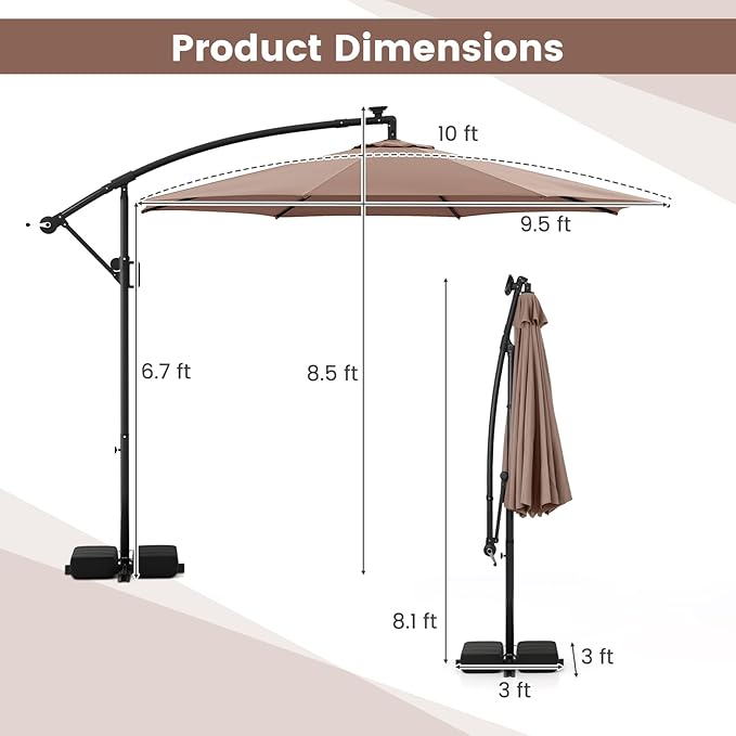 Tangkula 10 FT Solar Patio Umbrella with Base Included, Cantilever Offset Hanging Outdoor Umbrella with 96 Multi-Colored Flowing LED Lights, 9 Modes, Tilt Adjustment, 360° Rotation, Crank for Pool Yard Deck Lawn (Coffee)