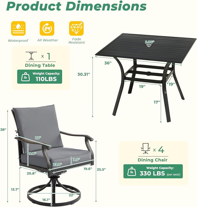 LVUYOYO 5-Piece Outdoor Patio Dining Set, Metal Swivel Chairs & Square Table Set, All-Weather Furniture for Backyard, Garden,Balcony,Porch (Gray)